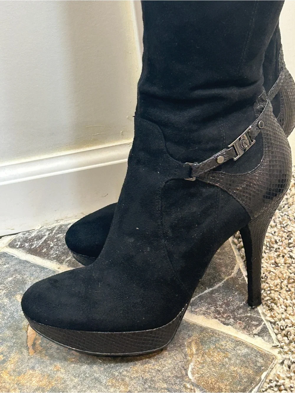 Guess Black Suede Over-the-Knee Platform Stiletto Boots with Textured Heel